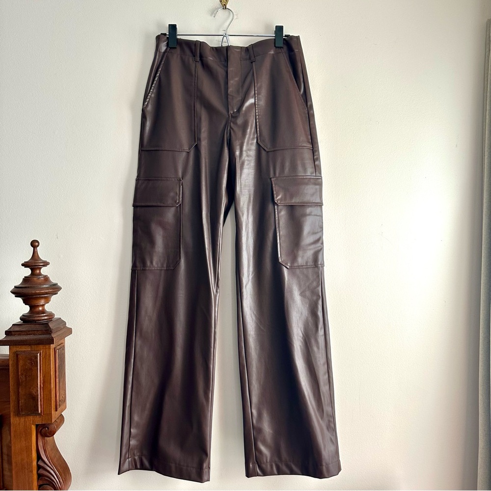 Zara Brown Faux Leather Wide-Leg Cargo Pants